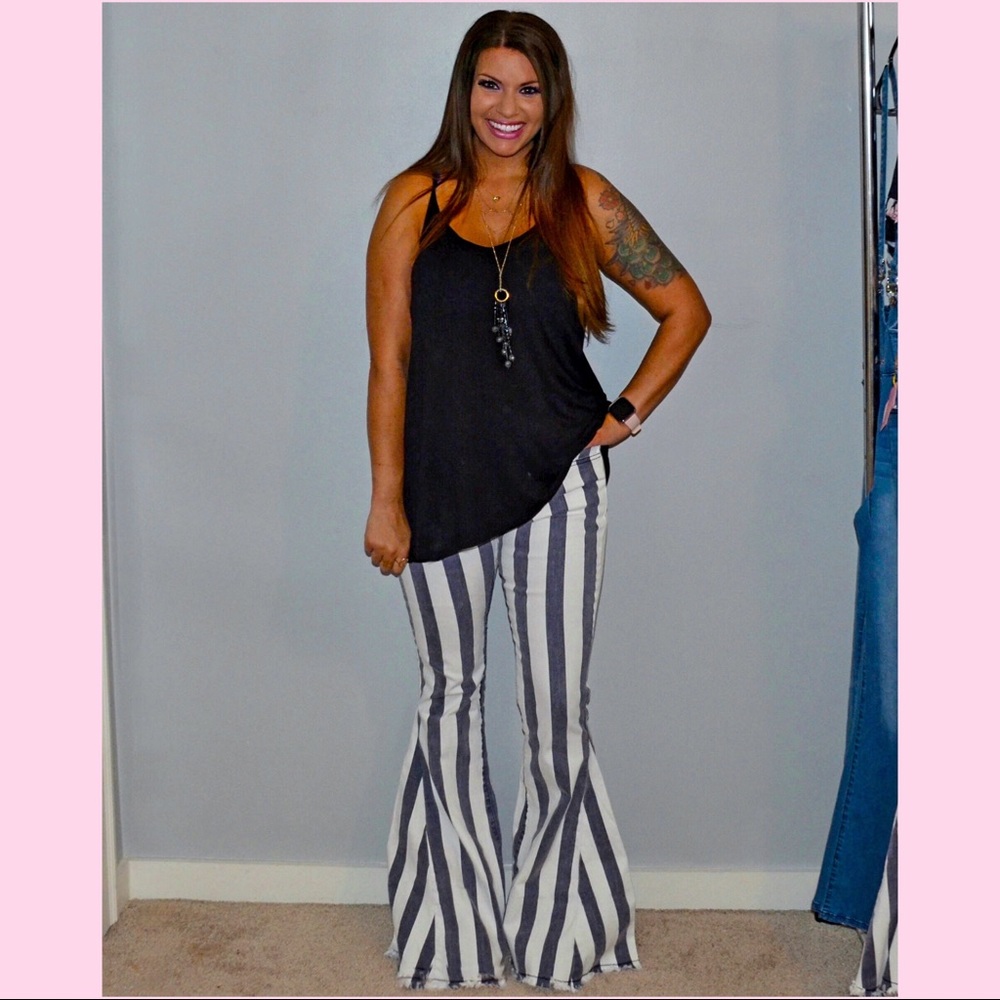 Striped Fringe Bell Bottom Jeans - Picture 5 of 9